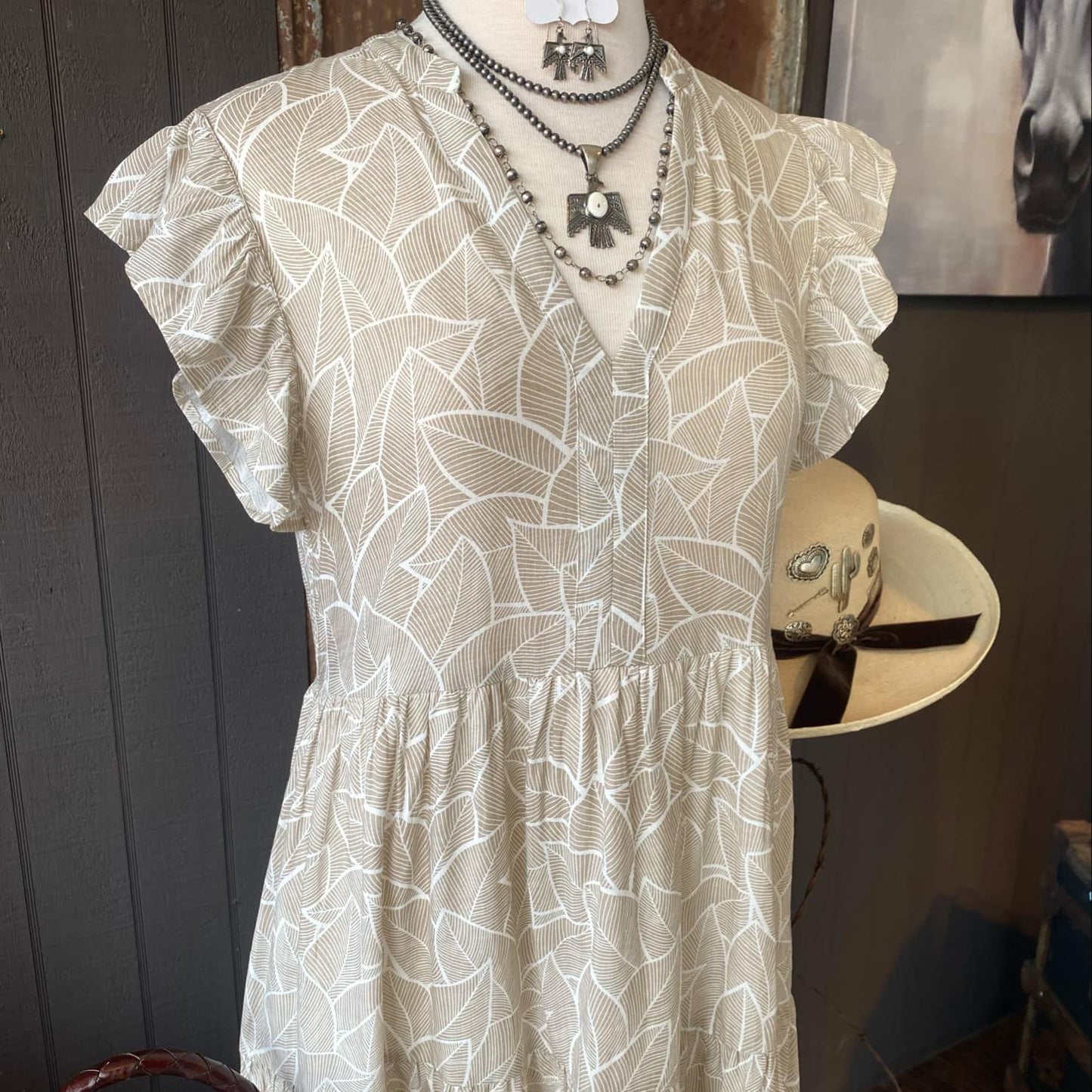 Sand Print Cotton Ruffle Sleeve Dress