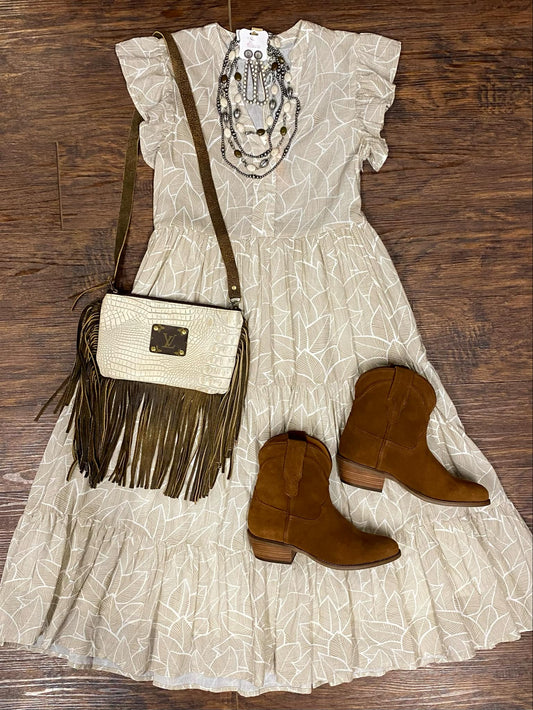 Sand Print Cotton Ruffle Sleeve Dress