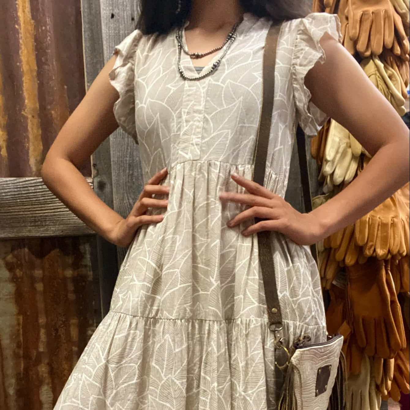 Sand Print Cotton Ruffle Sleeve Dress
