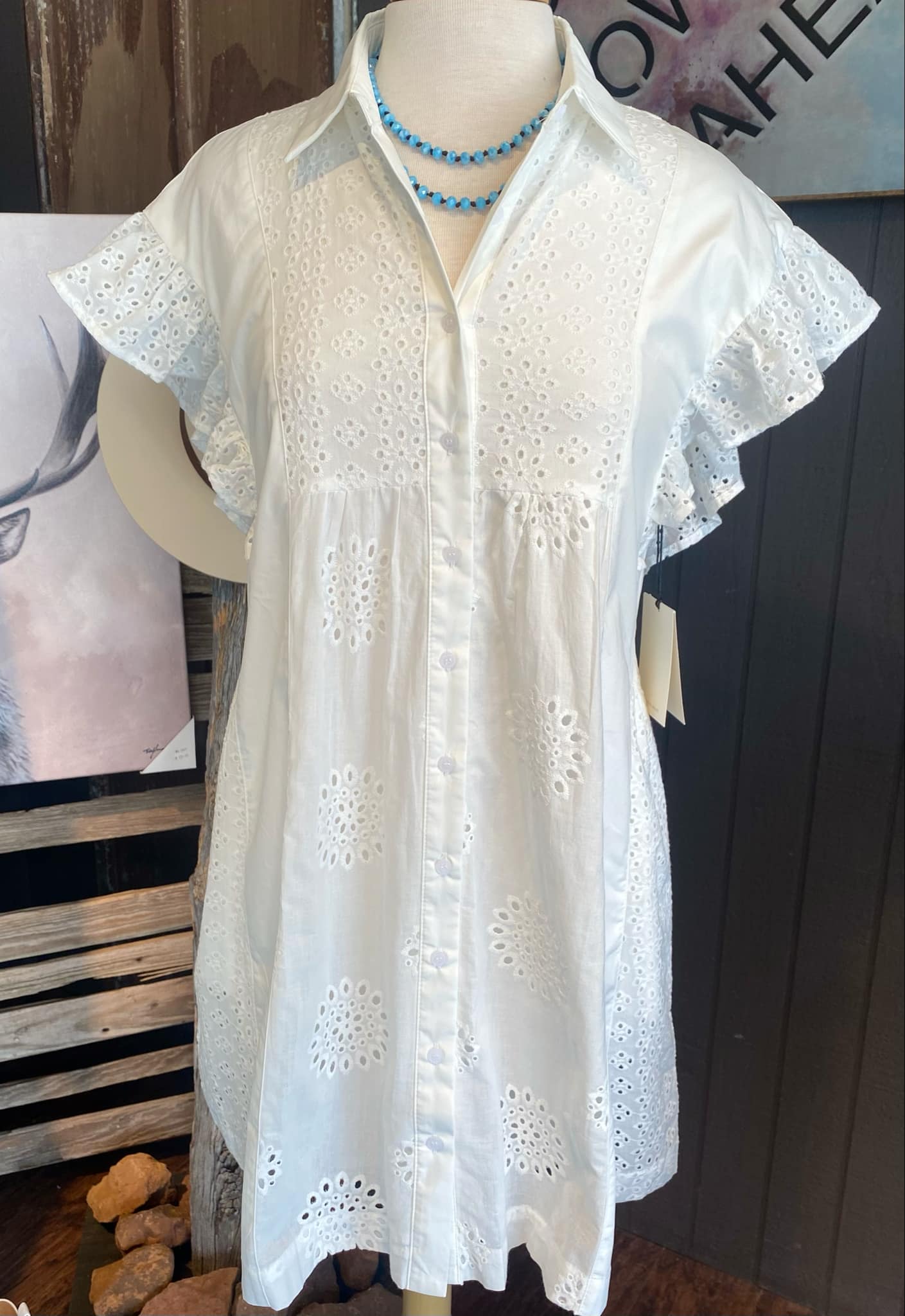 White Cotton Eyelet & Poplin Dress
