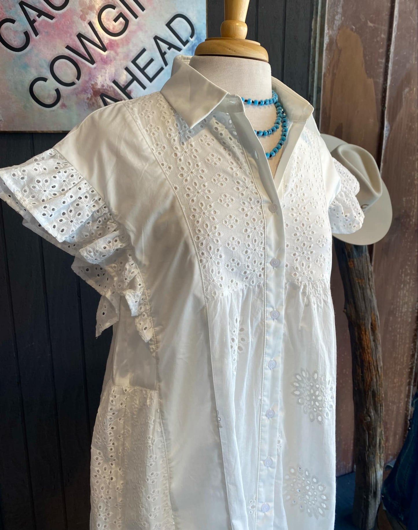 White Cotton Eyelet & Poplin Dress