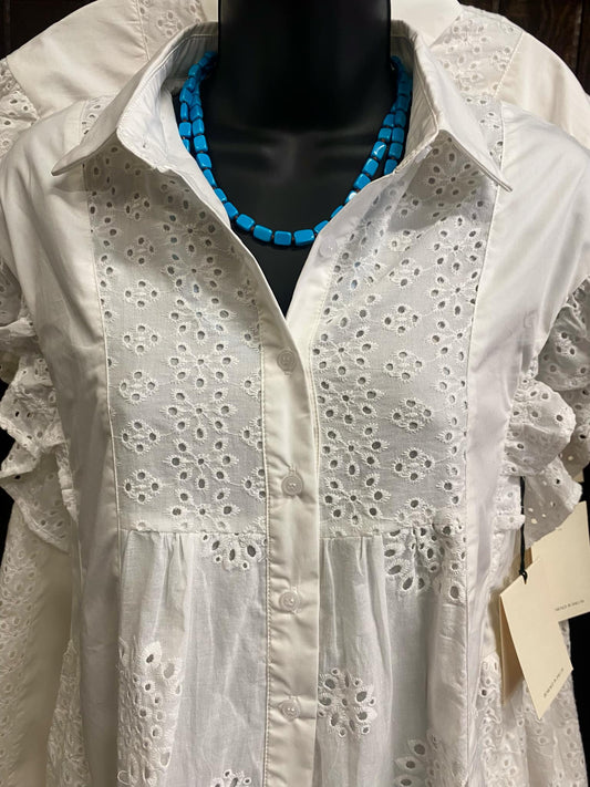 White Cotton Eyelet & Poplin Dress