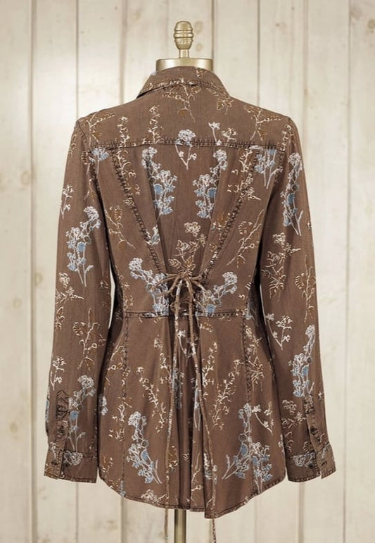 Sandwash Floral Tie-Back Tunic – Brown