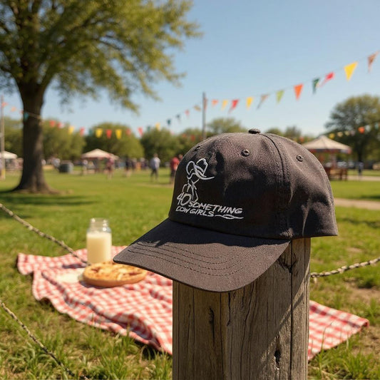 Black cap with white text on a wooden post in a park setting with a picnic blanket and jar of milk.