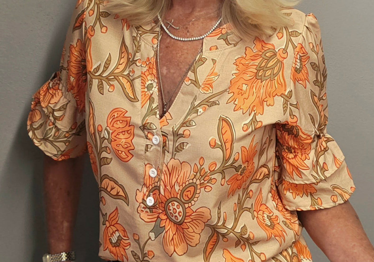 Fall Floral Ruffle Sleeve Blouse