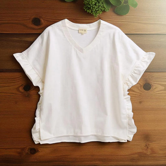Ruffle Edge V-Neck Top – White