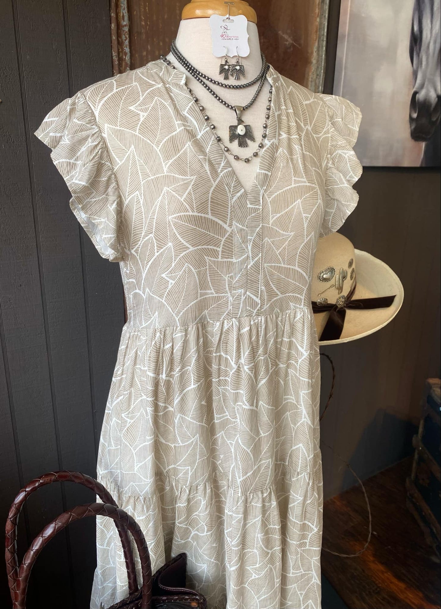 Sand Print Cotton Ruffle Sleeve Dress