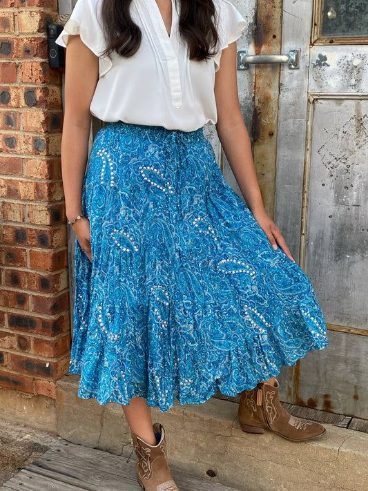 Turquoise & White Mid-Length Skirt