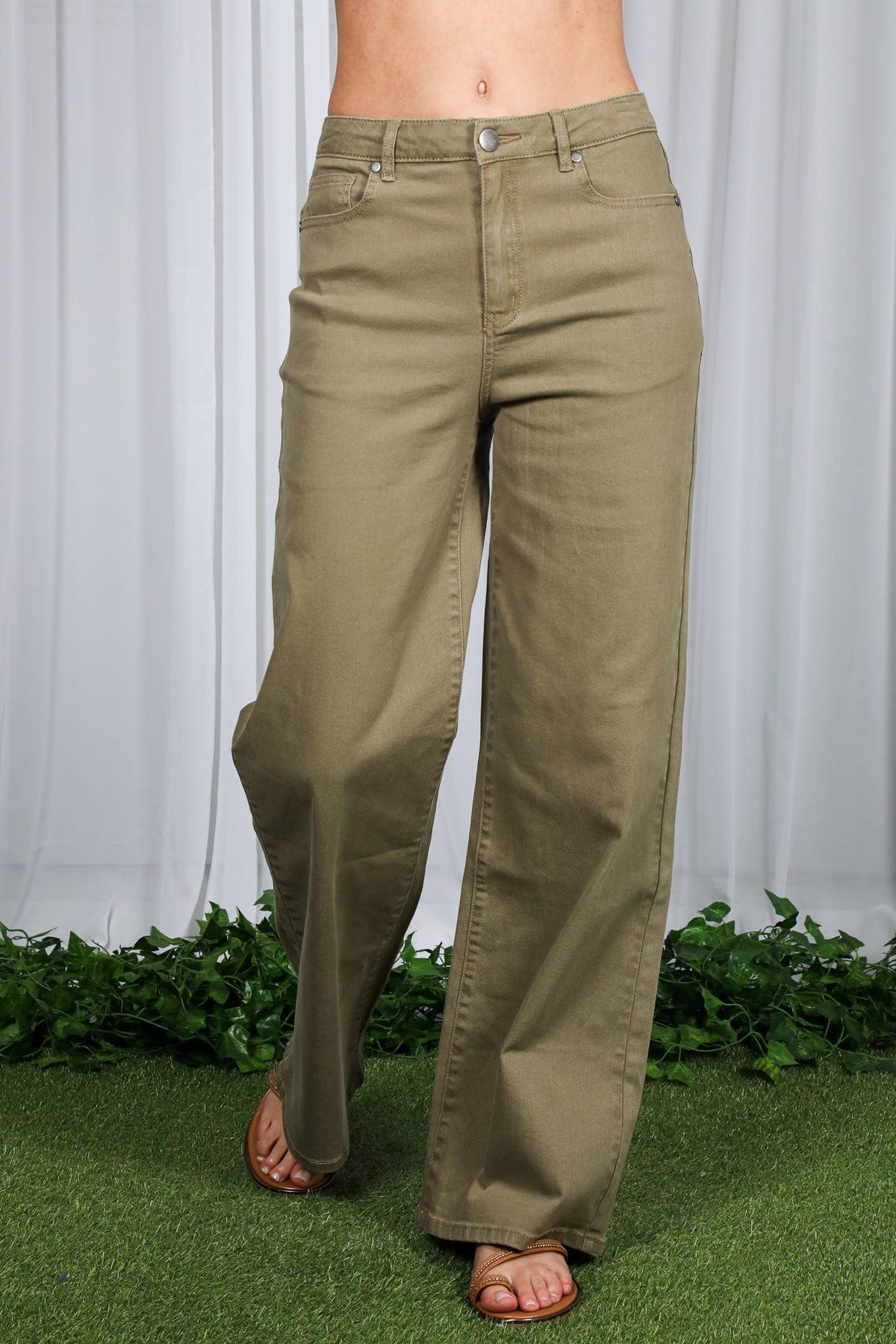 Straight Leg Cotton Pants, Olive