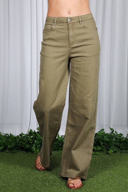 Straight Leg Cotton Pants, Olive