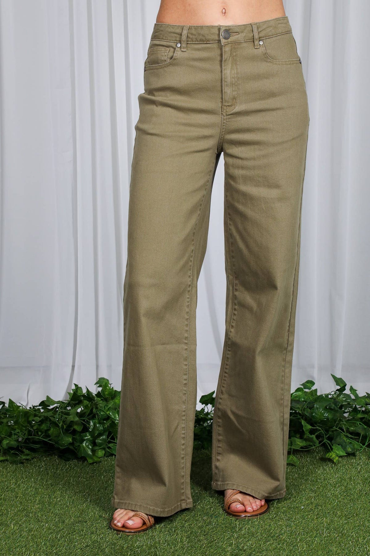Straight Leg Cotton Pants, Olive