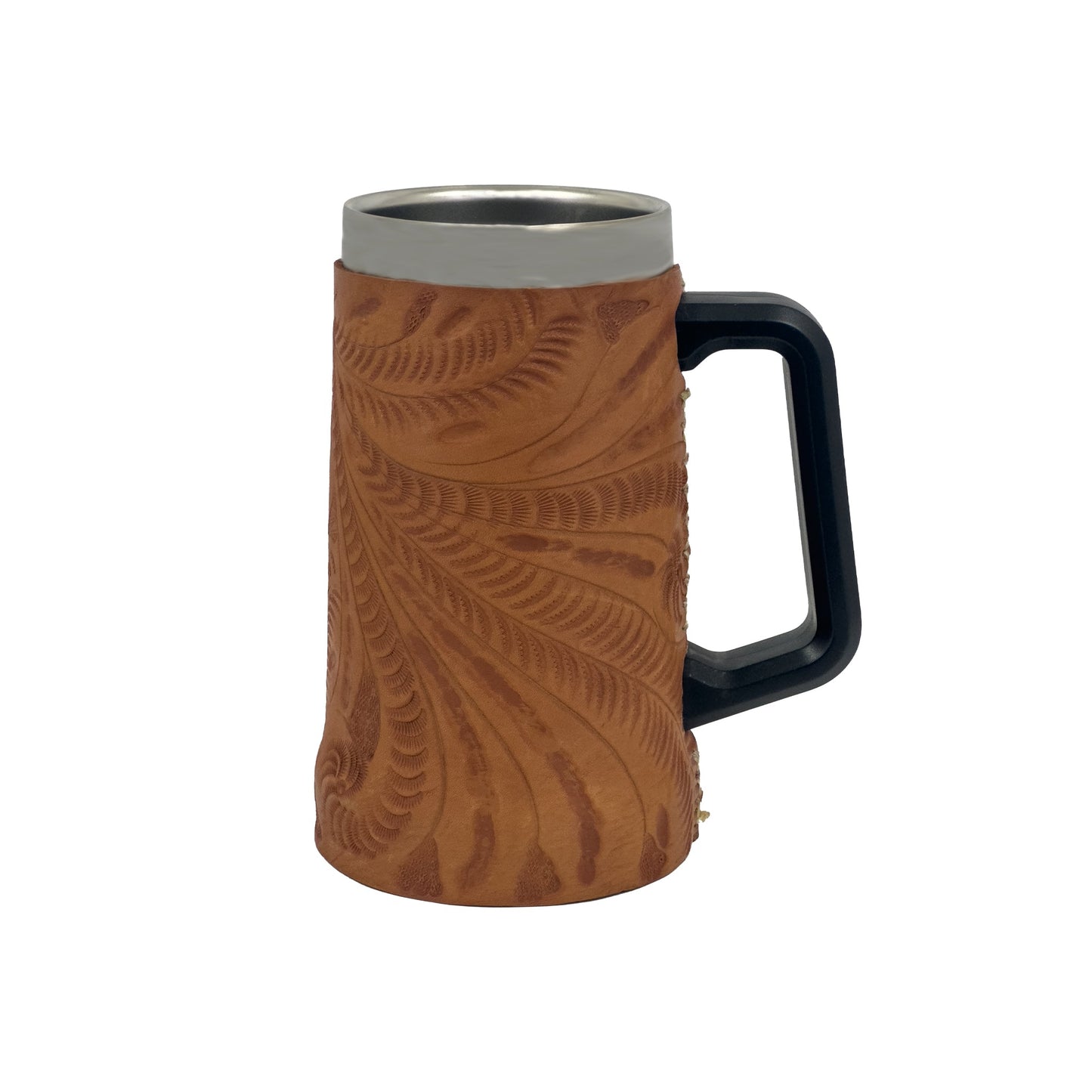 Insulated Stainless Steel Mug/Hand‑Tooled Leather