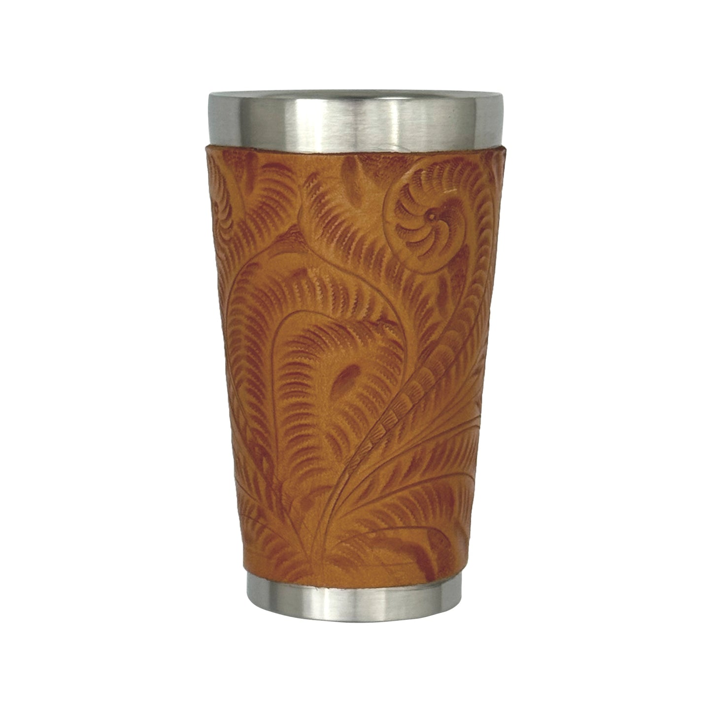 Insulated Stainless‑Steel Cup/Hand‑Tooled Leather