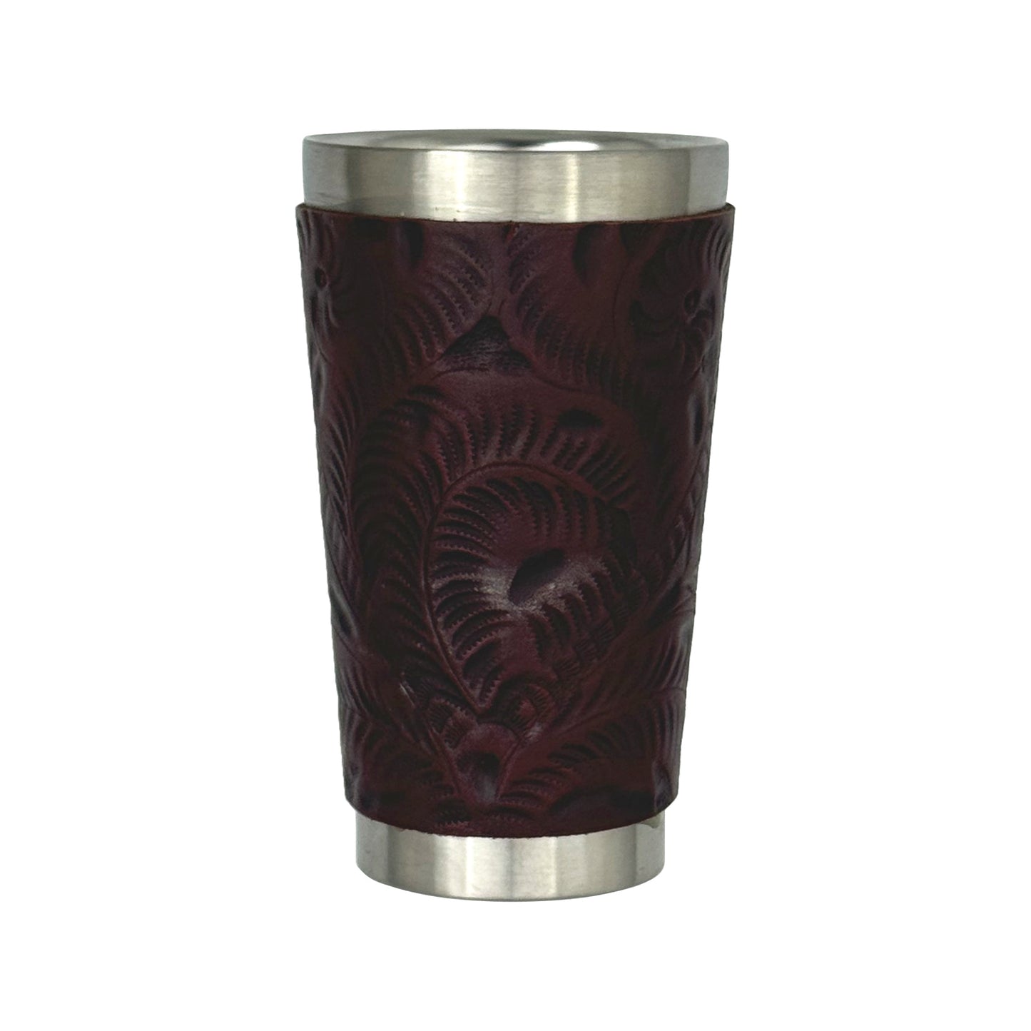 Insulated Stainless‑Steel Cup/Hand‑Tooled Leather
