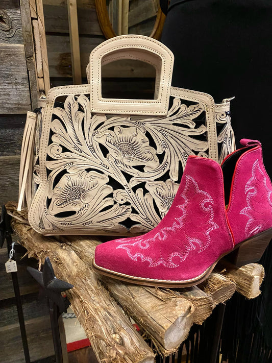 Tooled Cream Leather Handbag