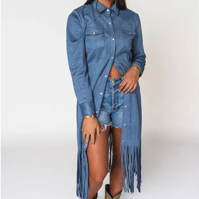 Blue Suede Fringe Duster
