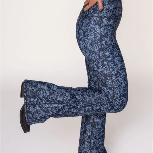 Lovlei Blue Tooled Stretch Flare Leggings