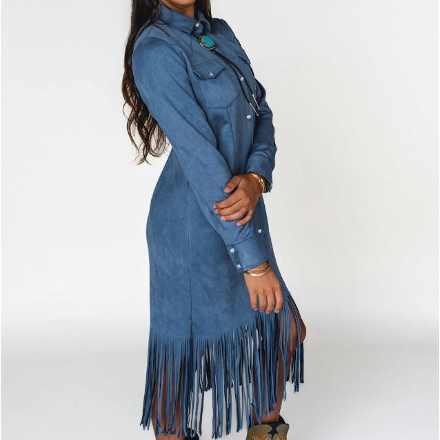 Blue Suede Fringe Duster