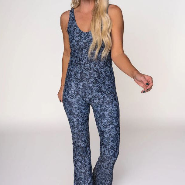 Lovlei Blue Tooled Stretch Flare Leggings